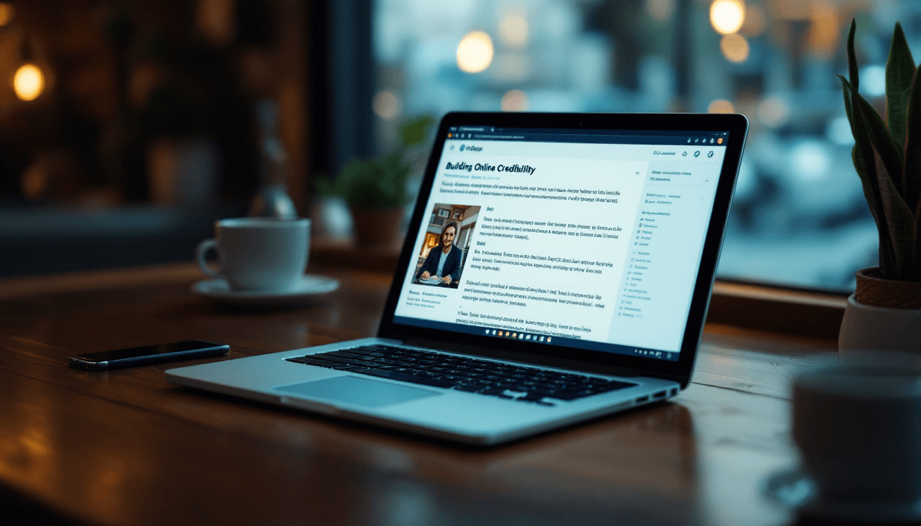 Small business owner using AI tools to build online credibility in misinformation era